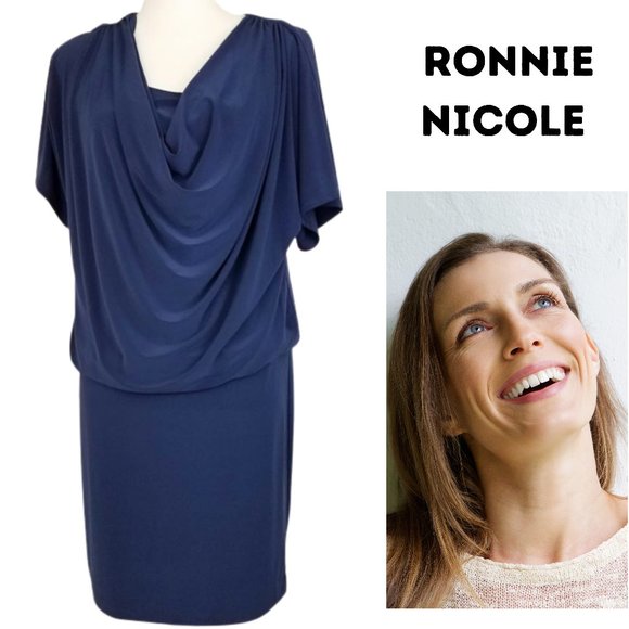 RONNI NICOLE Navy Blue Cowl Neck Dress - Women's 8 - Picture 1 of 9